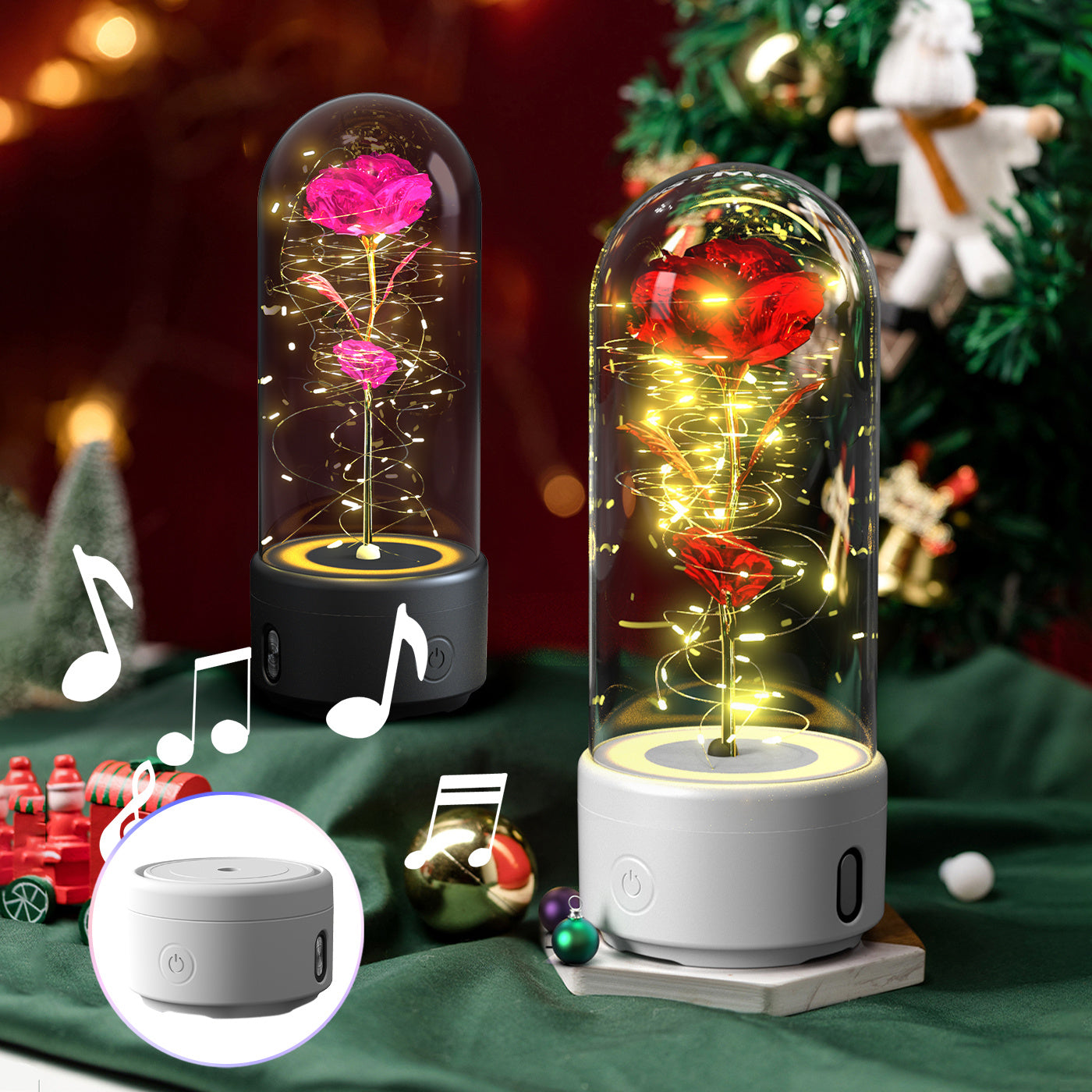 2-in-1 Rose LED Light & Bluetooth Speaker - Valentine's Day Gift, Rose Night Light in Glass Cover - Santa's Little Store