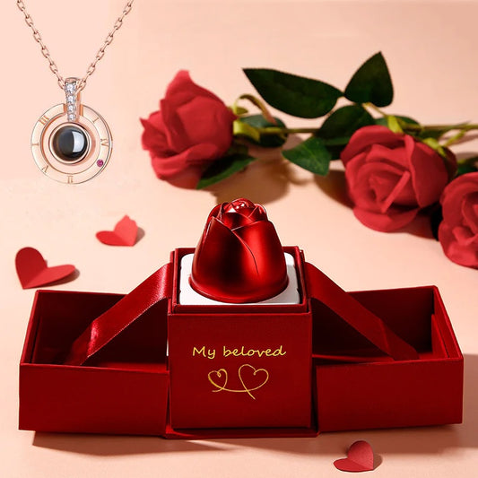 Romantic Valentine's Day Gifts: Metal Rose Jewelry Box with Necklace for Weddings & Girlfriends - Santa's Little Store